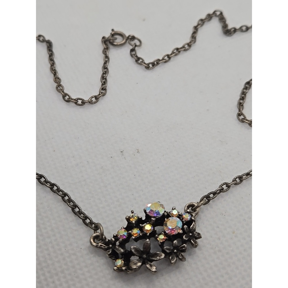 Vtg Rhinestone Flower Iridescent Crystal Pendant Chain Necklace Silver Tone